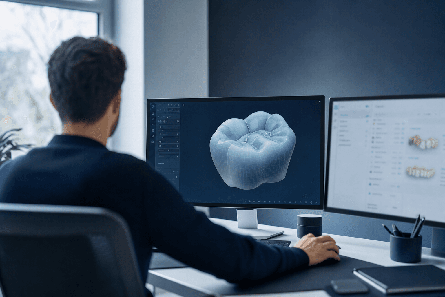 A dental designer refining a 3D crown in CAD software at a dual-monitor workstation.